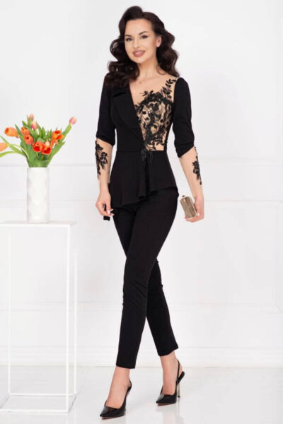salopeta eleganta neagra cu broderie florala
